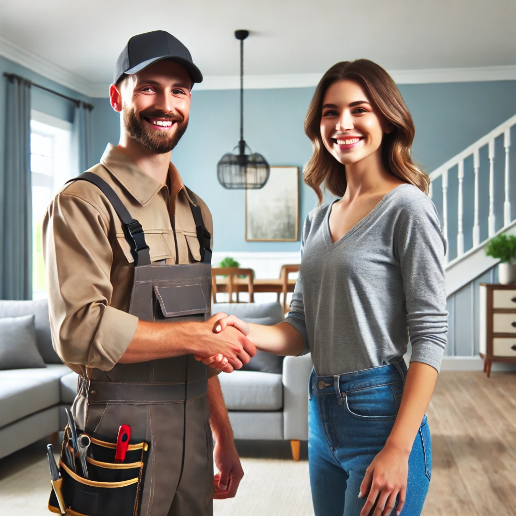 DALL·E 2025-03-20 16.23.02 – A professional contractor shaking hands with a happy homeowner in a beautifully renovated home. The setting is bright and welcoming, with modern inter